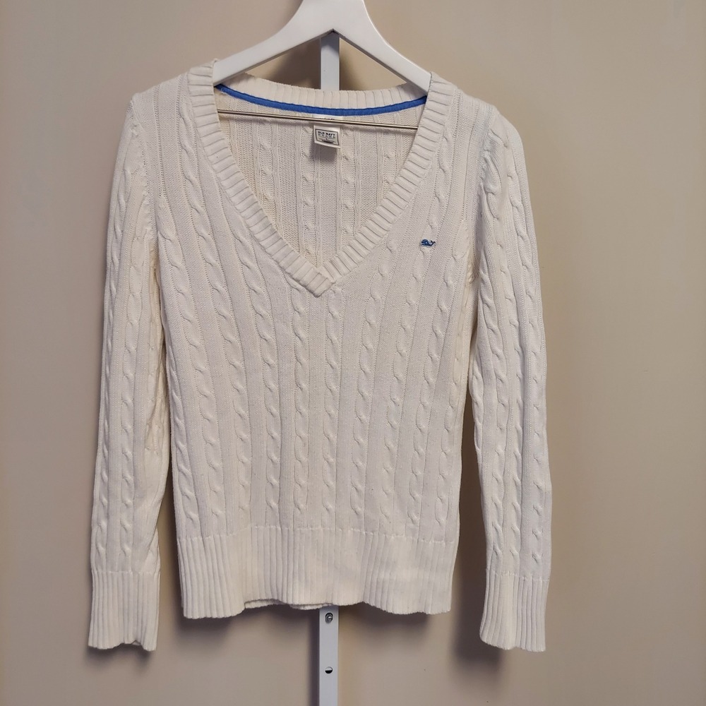 Old Navy White Cable Knit V-Neck Sweater Whale Logo Cotton L Y2K Preppy Nautical